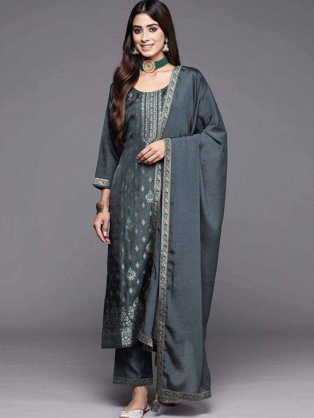 Grey Woven Design Silk Blend Straight Kurta With Trousers & Dupatta - Jashvi