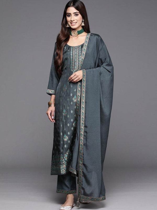 Grey Woven Design Silk Blend Straight Kurta With Trousers & Dupatta - Jashvi