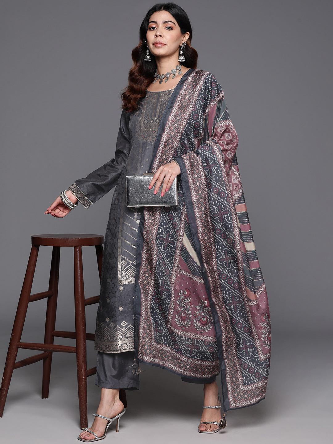 Grey Woven Design Silk Blend Straight Kurta With Trousers & Dupatta - Jashvi