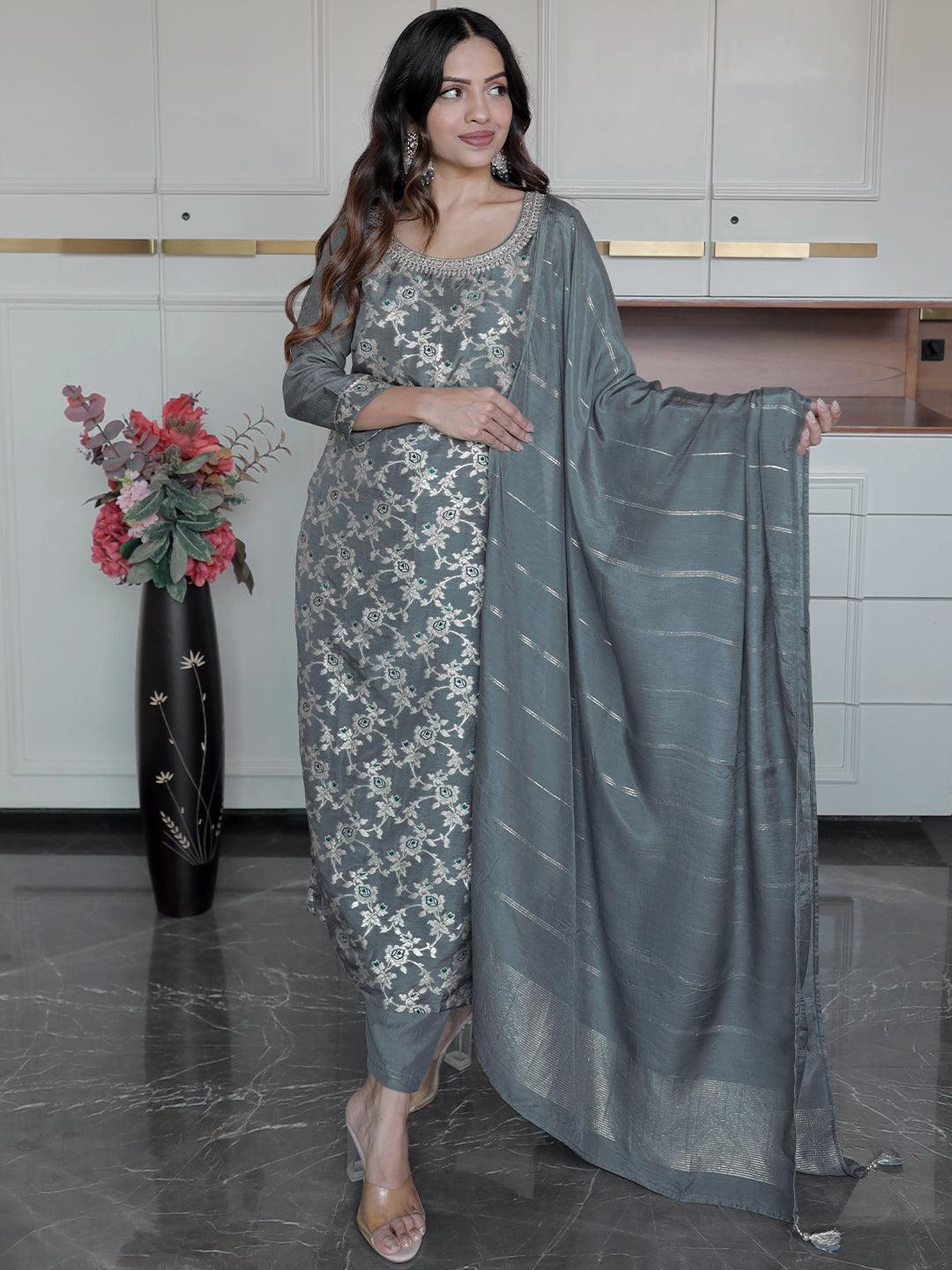 Grey Woven Design Silk Blend Straight Kurta With Trousers & Dupatta - Jashvi