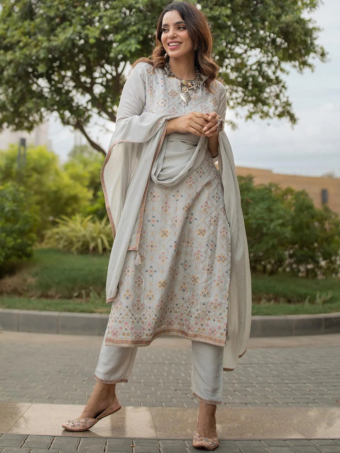 Grey Woven Design Silk Suit Set - Jashvi