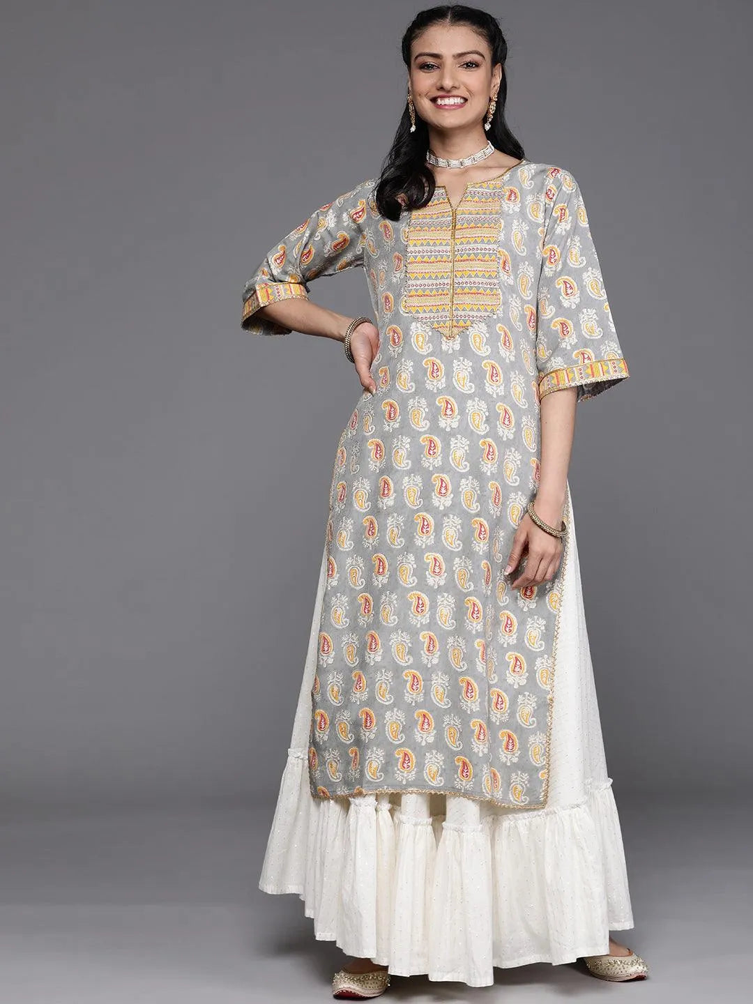 Grey Yoke Design Chanderi Silk Kurta - Jashvi