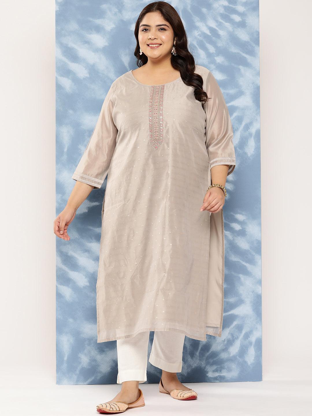 Grey Yoke Design Chanderi Silk Straight Kurta - Jashvi