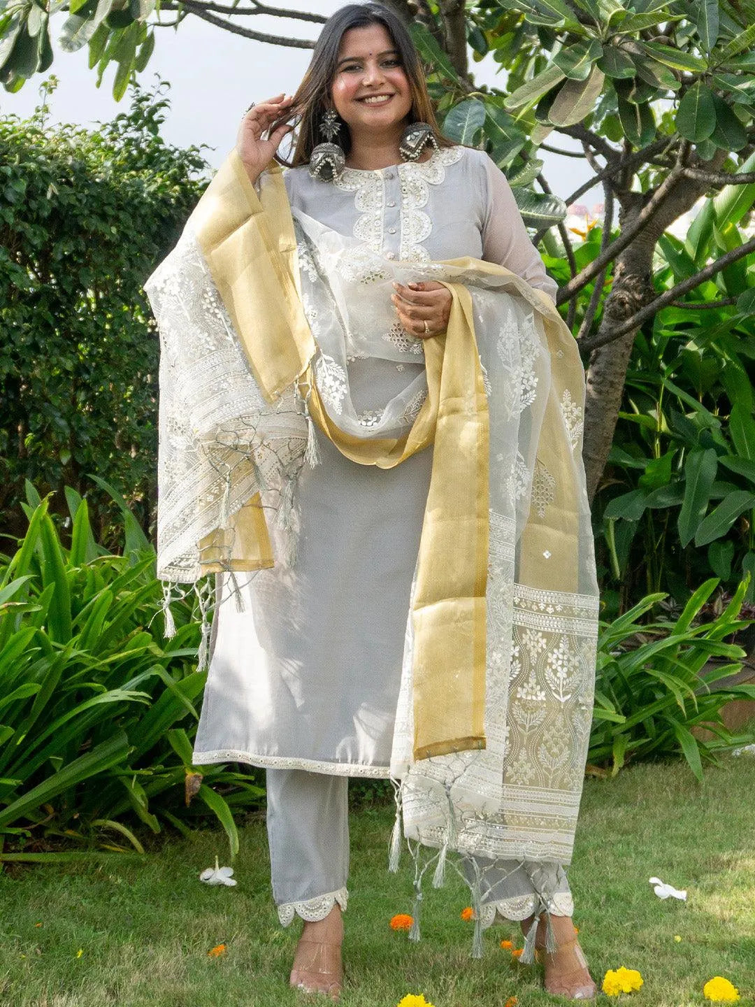 Grey Yoke Design Chanderi Silk Straight Suit Set - Jashvi