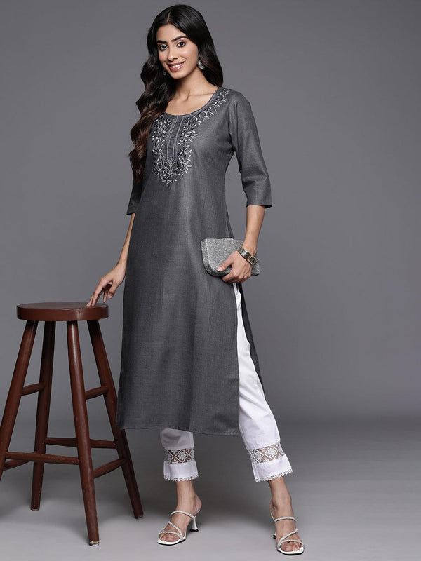 Grey Yoke Design Cotton Straight Kurta - Jashvi