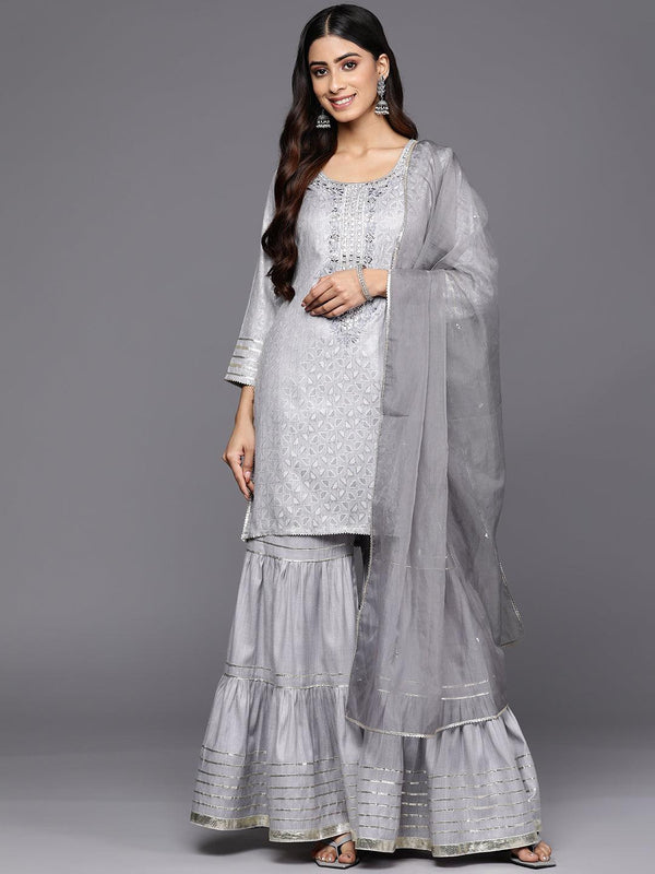 Grey Yoke Design Cotton Straight Suit Set With Sharara - Jashvi