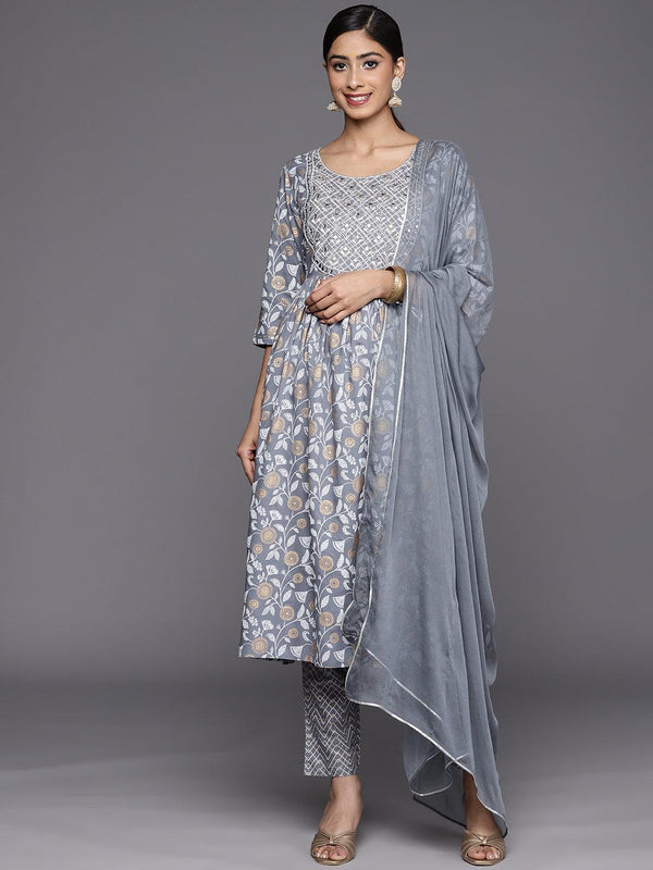 Grey Yoke Design Rayon A-Line Suit Set With Trousers - Jashvi