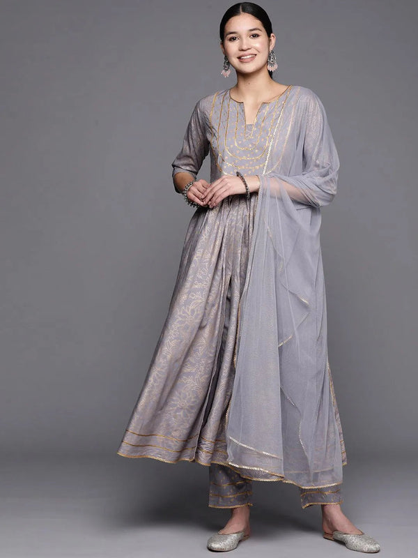 Grey Yoke Design Rayon Anarkali Suit Set With Trousers - Jashvi