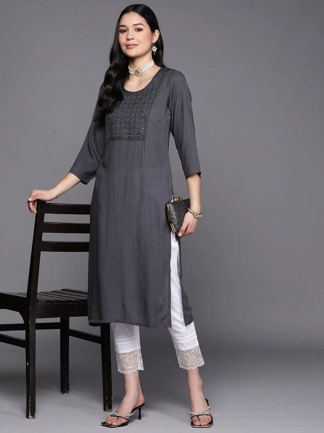 Grey Yoke Design Rayon Straight Kurta - Jashvi