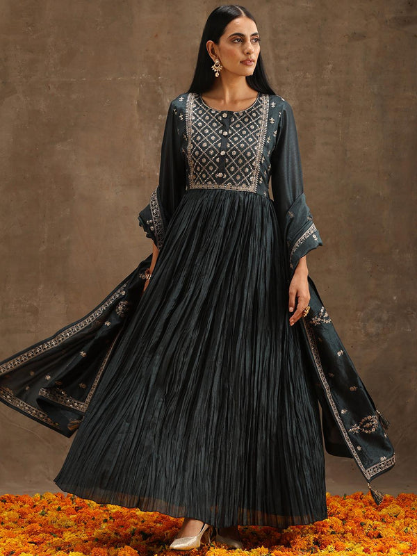 Grey Yoke Design Silk Blend Anarkali Suit Set With Trousers - Jashvi