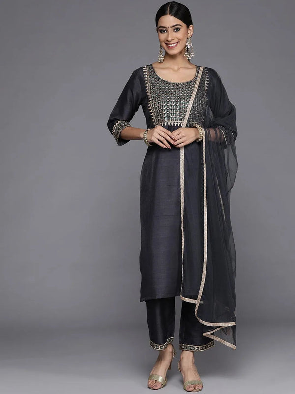 Grey Yoke Design Silk Blend Straight Suit Set With Trousers - Jashvi