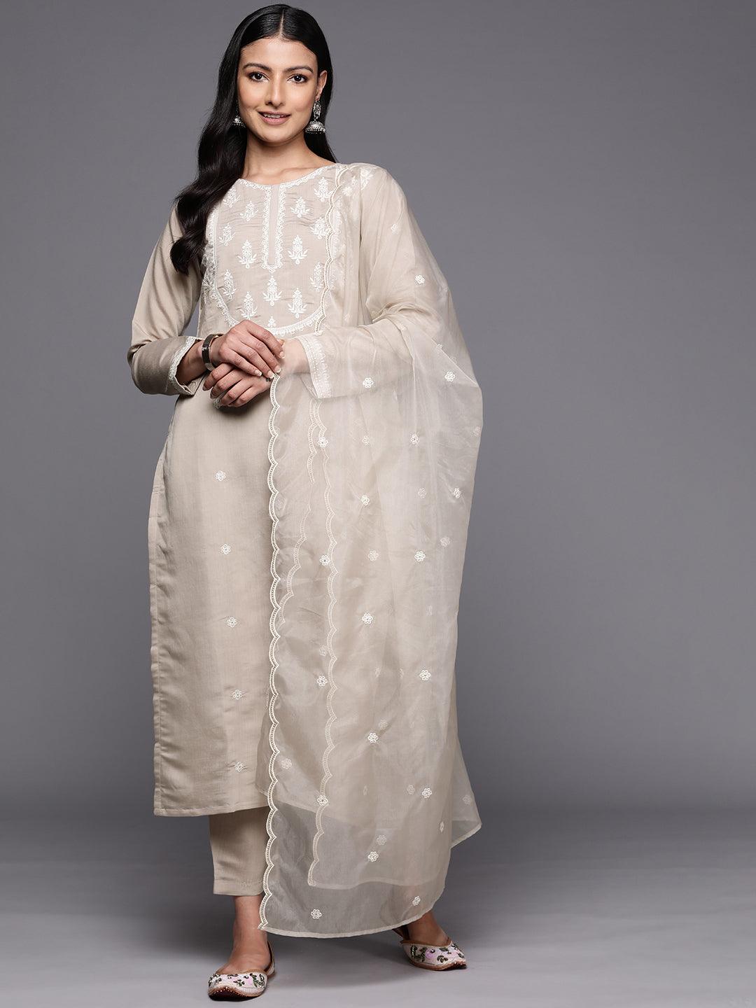 Grey Yoke Design Silk Blend Straight Suit Set With Trousers - Jashvi