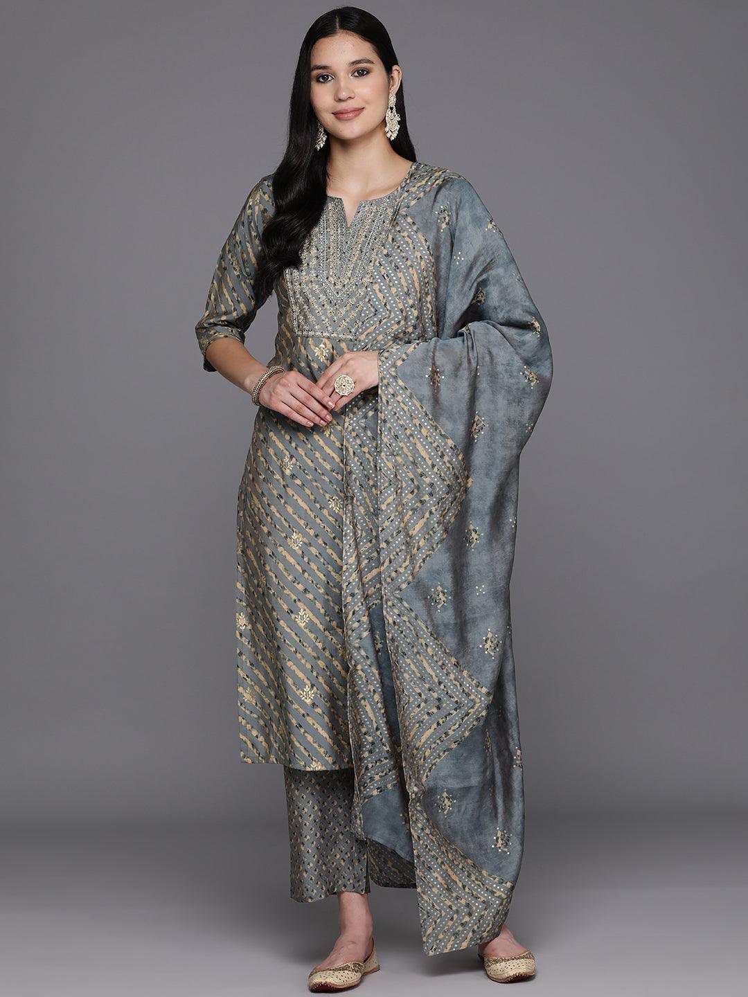 Grey Yoke Design Silk Blend Straight Suit Set With Trousers - Jashvi