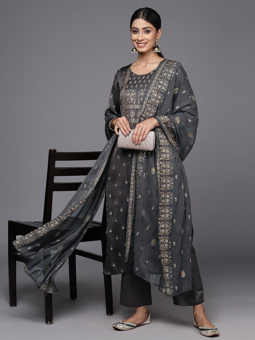 Grey Yoke Design Silk Blend Straight Kurta With Trousers & Dupatta - Jashvi