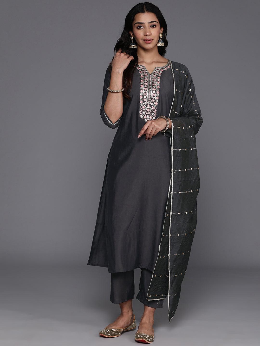 Grey Yoke Design Silk Blend Straight Kurta With Trousers & Dupatta - Jashvi