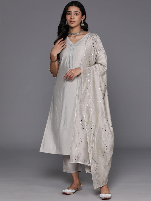 Grey Yoke Design Silk Blend Straight Kurta With Trousers & Dupatta - Jashvi