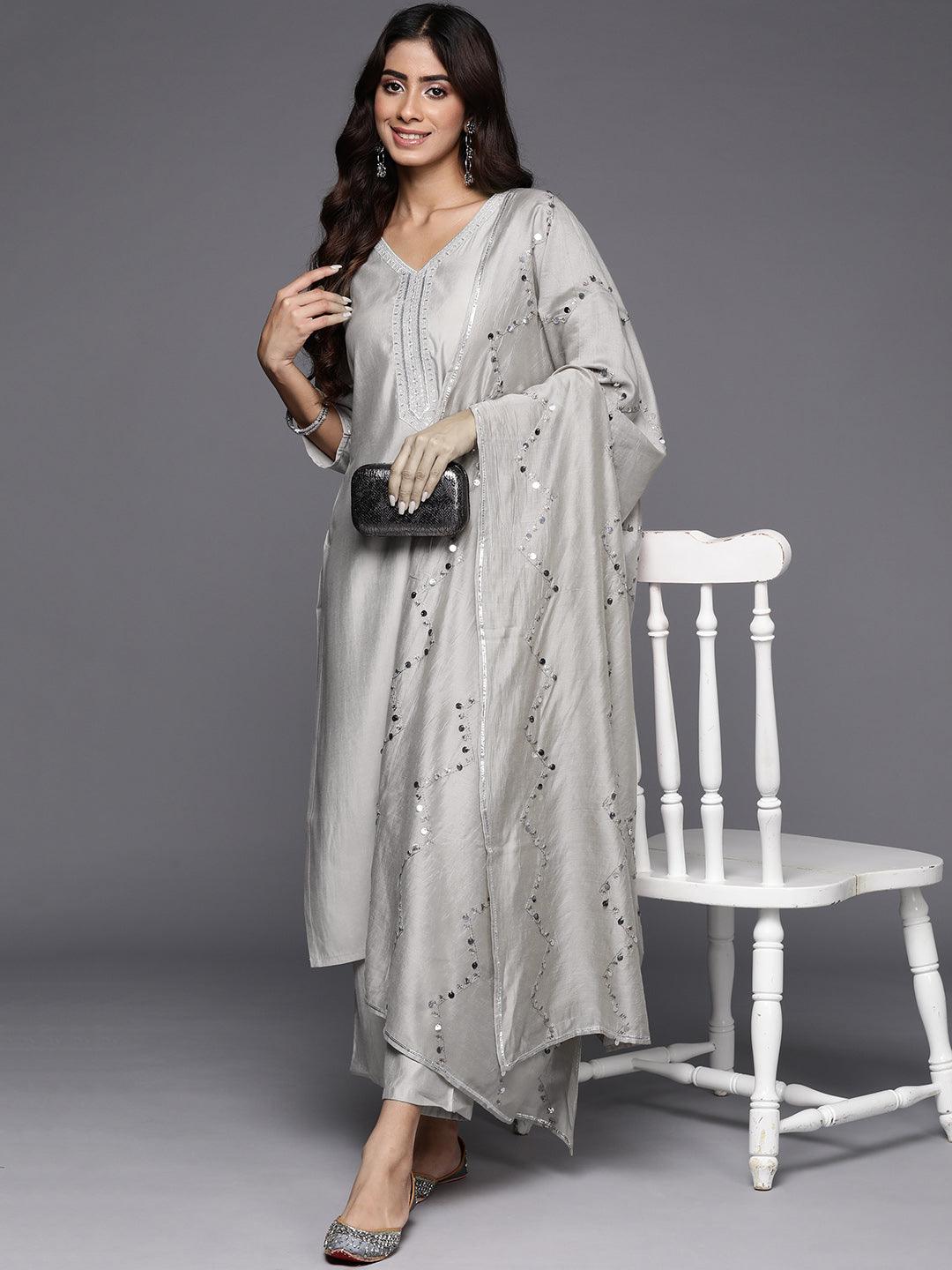 Grey Yoke Design Silk Blend Straight Kurta With Trousers & Dupatta - Jashvi