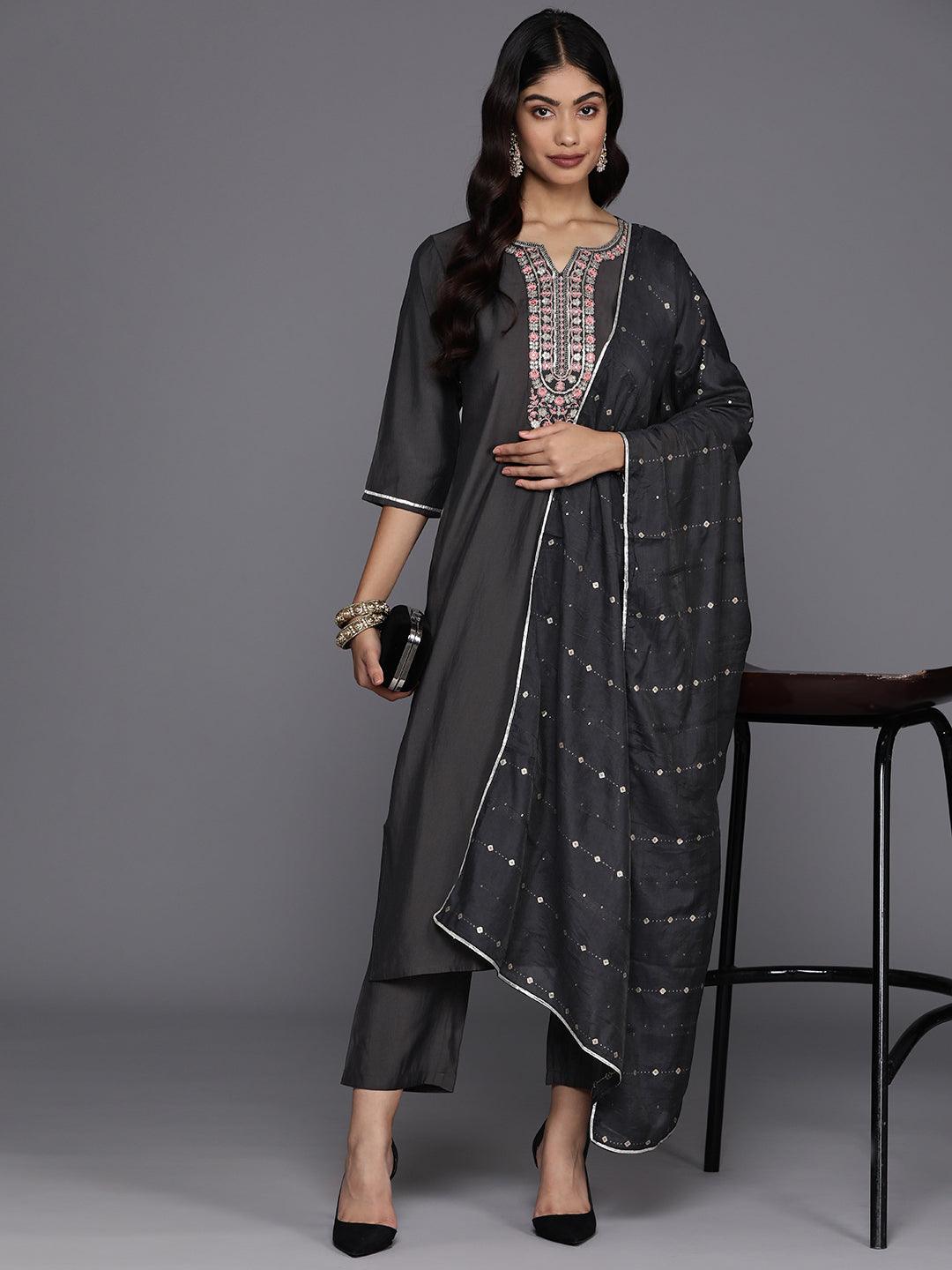 Grey Yoke Design Silk Blend Straight Kurta With Trousers & Dupatta - Jashvi