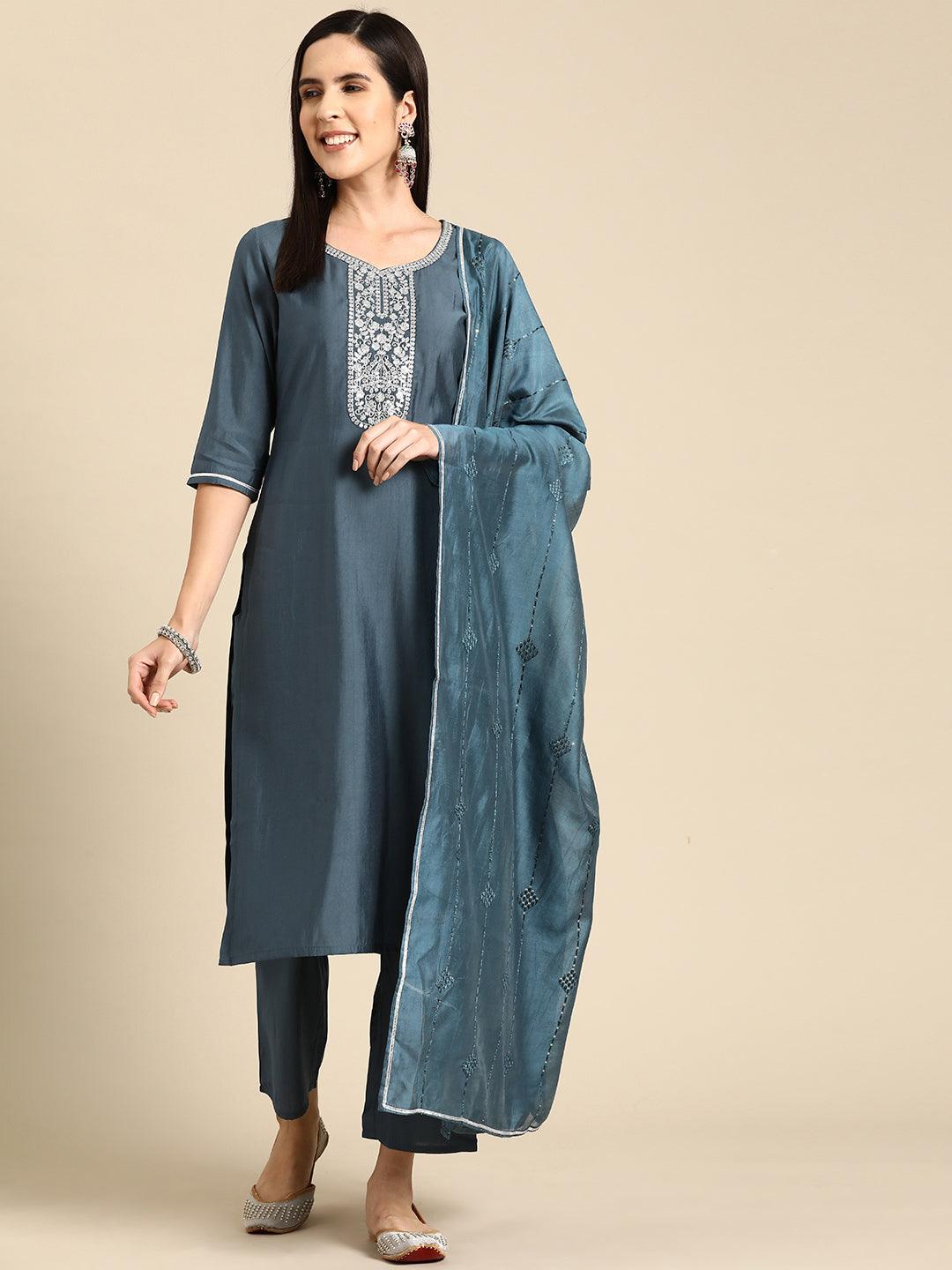 Grey Yoke Design Silk Blend Straight Kurta With Trousers & Dupatta - Jashvi