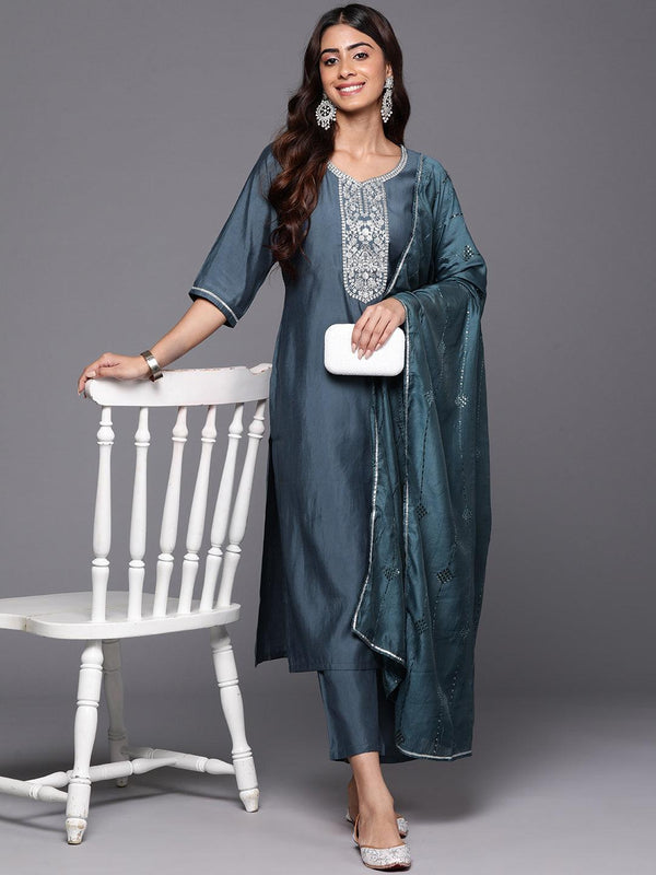 Grey Yoke Design Silk Blend Straight Kurta With Trousers & Dupatta - Jashvi