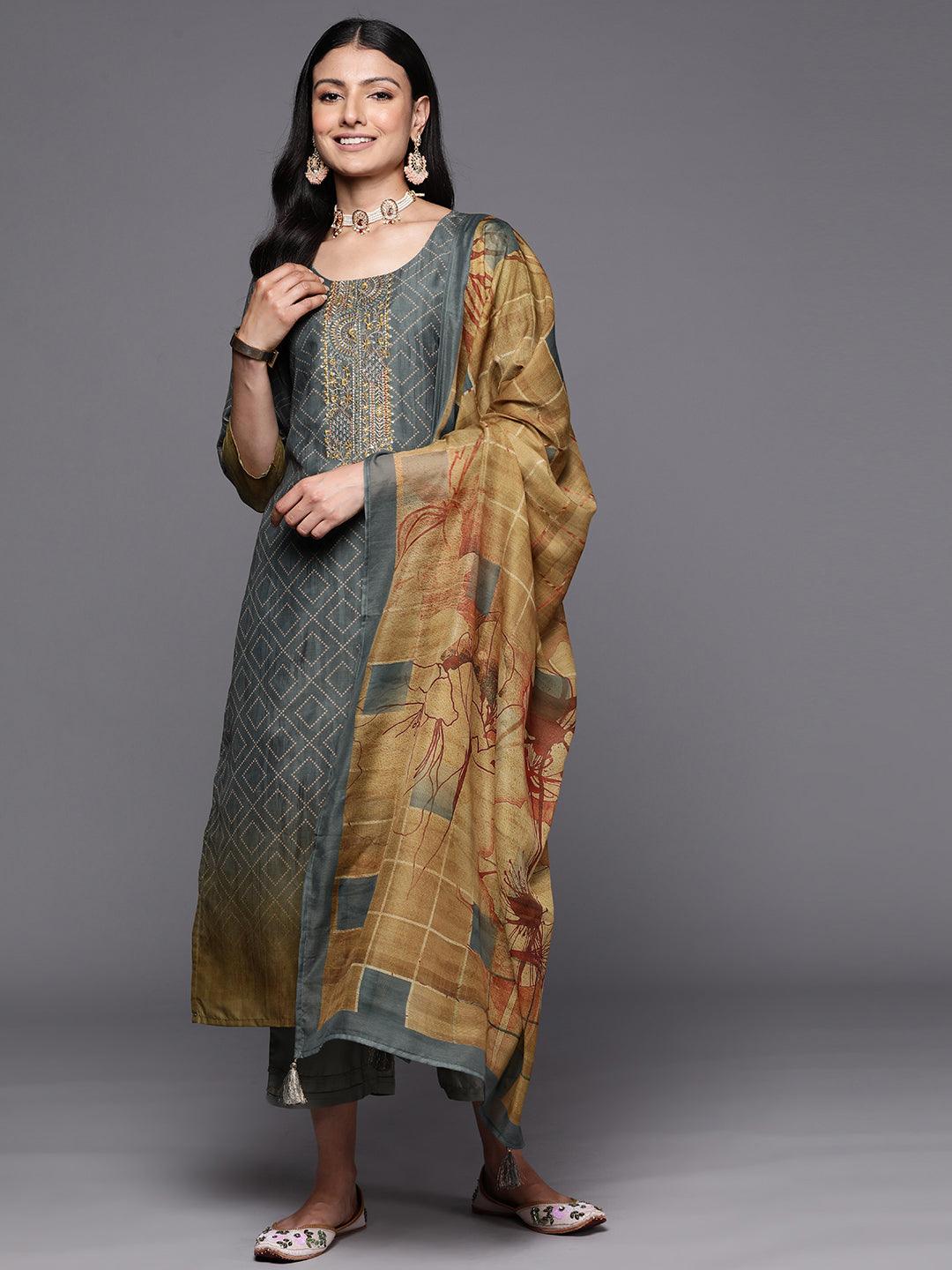 Grey Yoke Design Silk Blend Straight Suit Set With Trousers - Jashvi