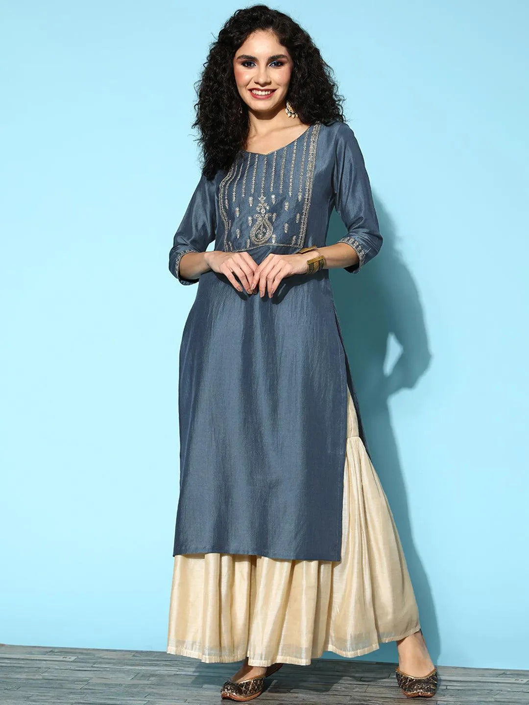 Grey Yoke Design Silk Straight Kurta - Jashvi