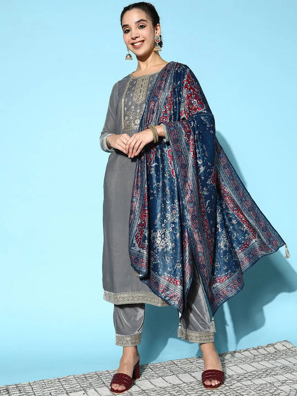 Grey Yoke Design Velvet Straight Suit Set - Jashvi