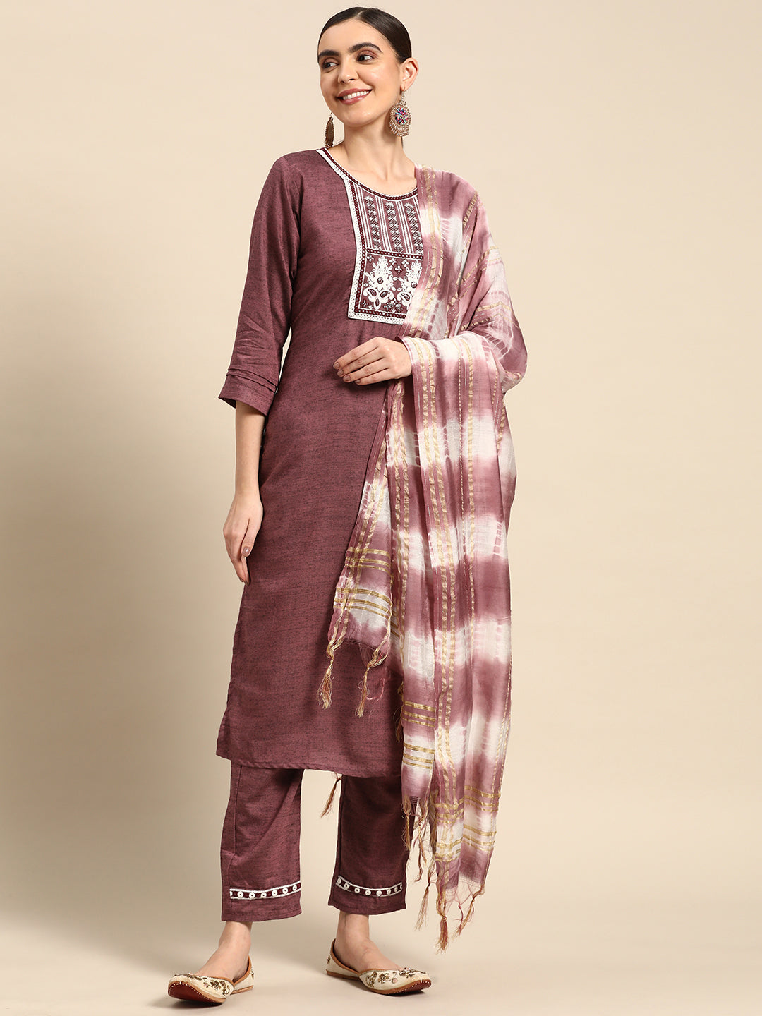 Women's Purple Poly Cotton Embroidered Kurta With Trouser & Dupatta - Navyaa