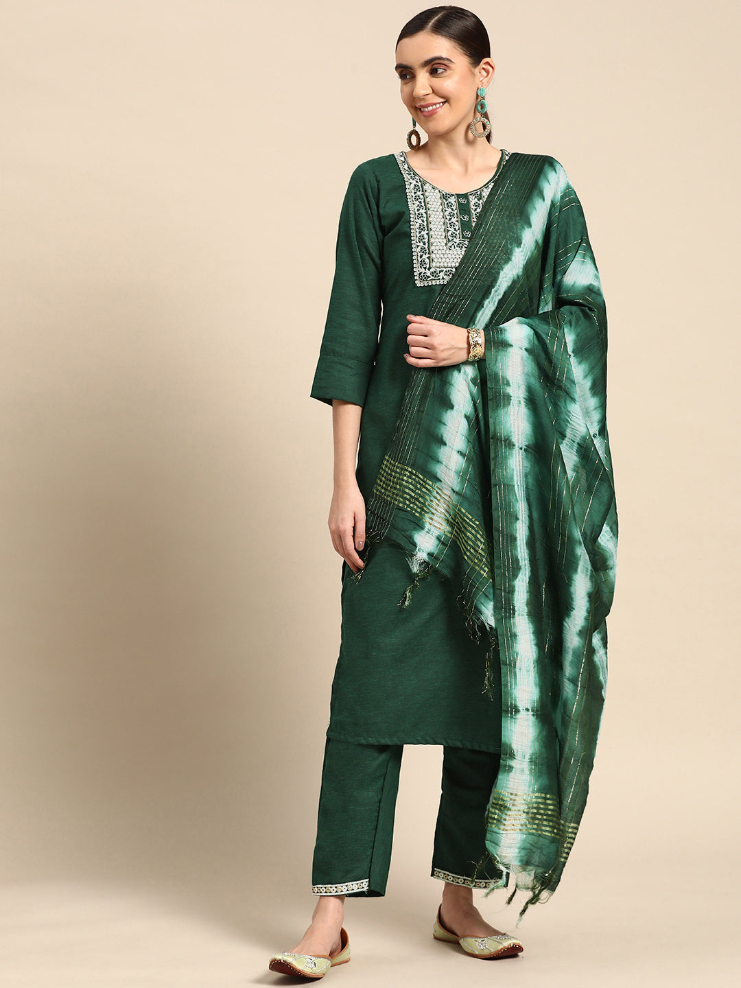 Women's Bottle Green Poly Cotton Embroidered Kurta With Trouser & Dupatta - Navyaa