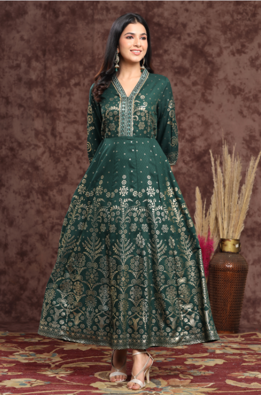 Women's Jadegreen Rayon Printed Anarkali Dress - Juniper