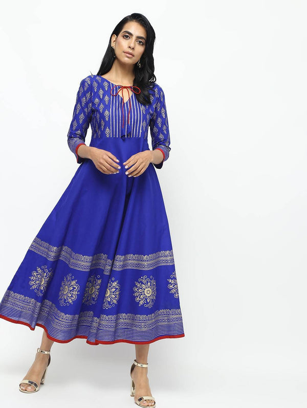 Women's Royal Blue Flared Block Printed Long Kurta Only - Cheera