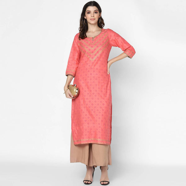 Women's Pitch & Skin Color Cotton Hand Block Print Straight Kurta With Palazzo Set - Cheera