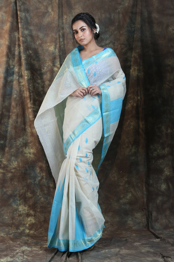 Women's White Handwoven Zari Border Cotton Tant Saree - Arhi