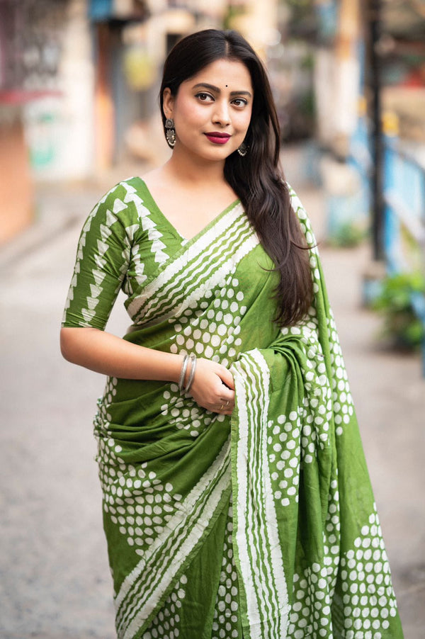 Women's Green Chanderi Cotton Printed Saree - A2M