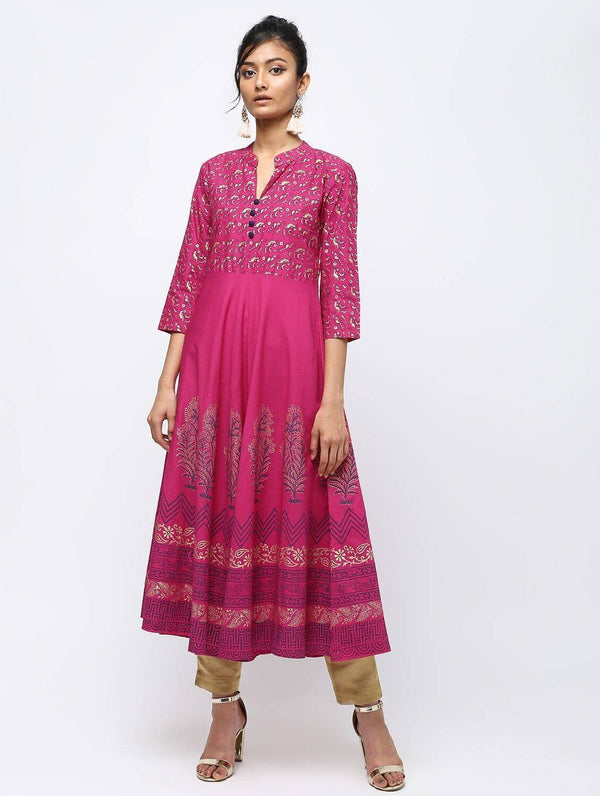 Women's Magenta Flair Anarkali With Colorful Print Kurta - Cheera