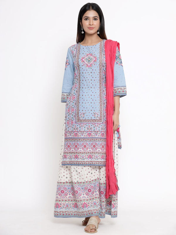 Women's Printed Straight Kurta Palazzo Dupatta Set3 - Juniper