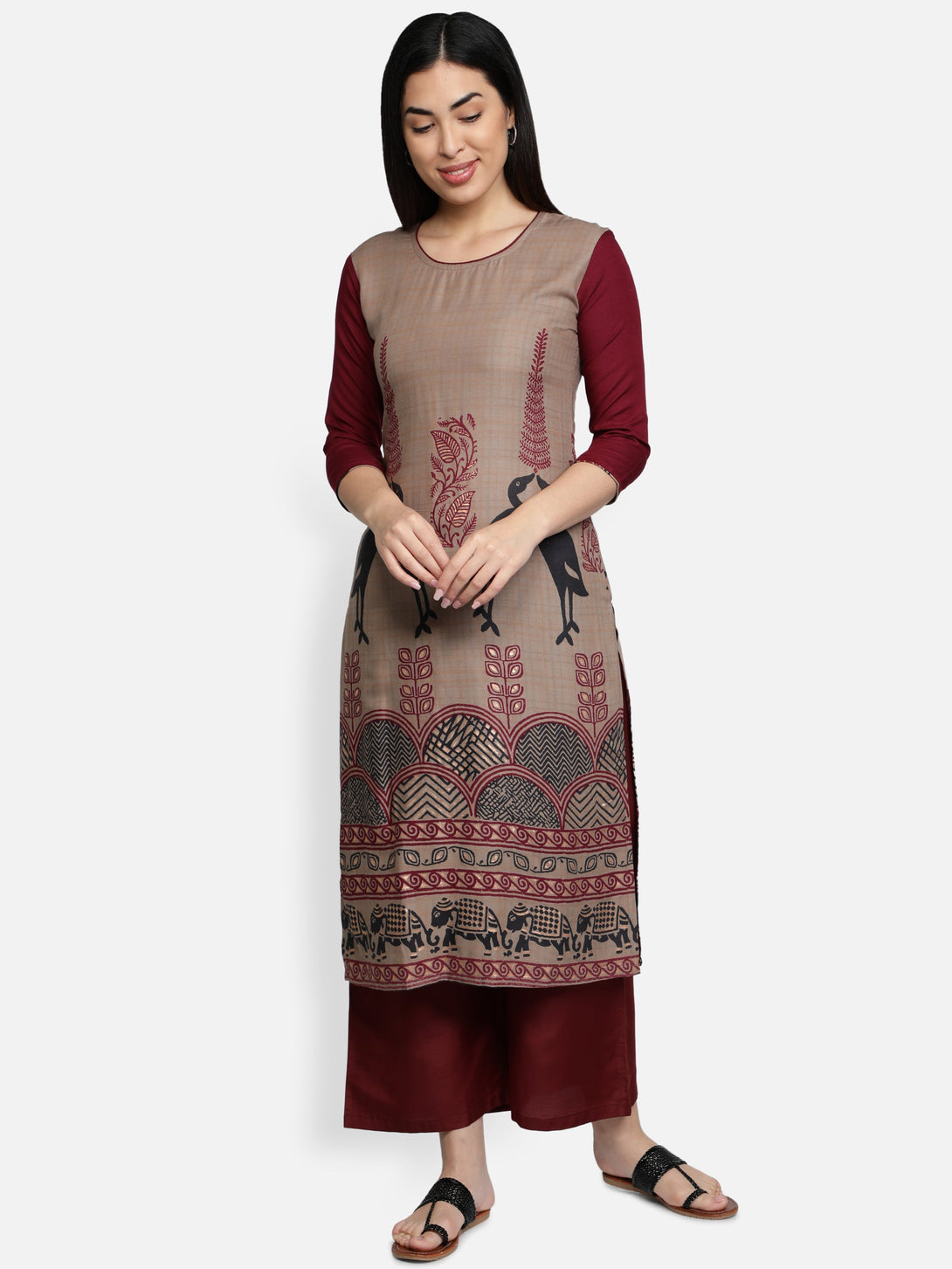 Women's Maroon Color Rayon Blend Straight Foil Printed Kurta - Vaaba