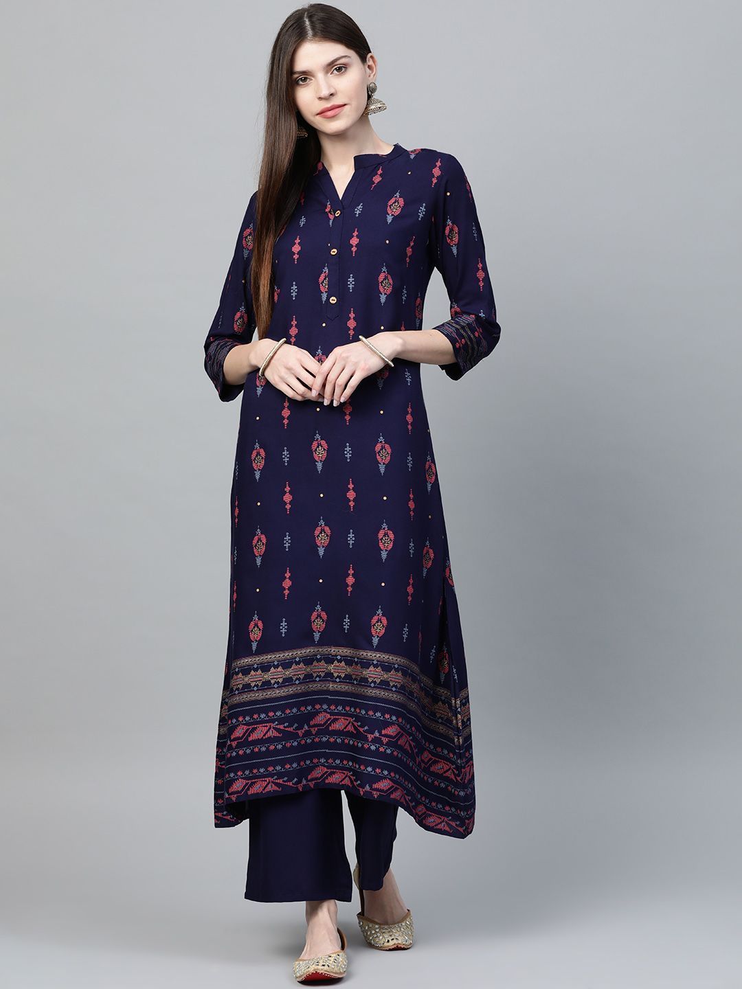 Women's Navy Blue Colour Foil Print A-Line Rayon Kurta With Palazzo / Kurta Set - Ziyaa