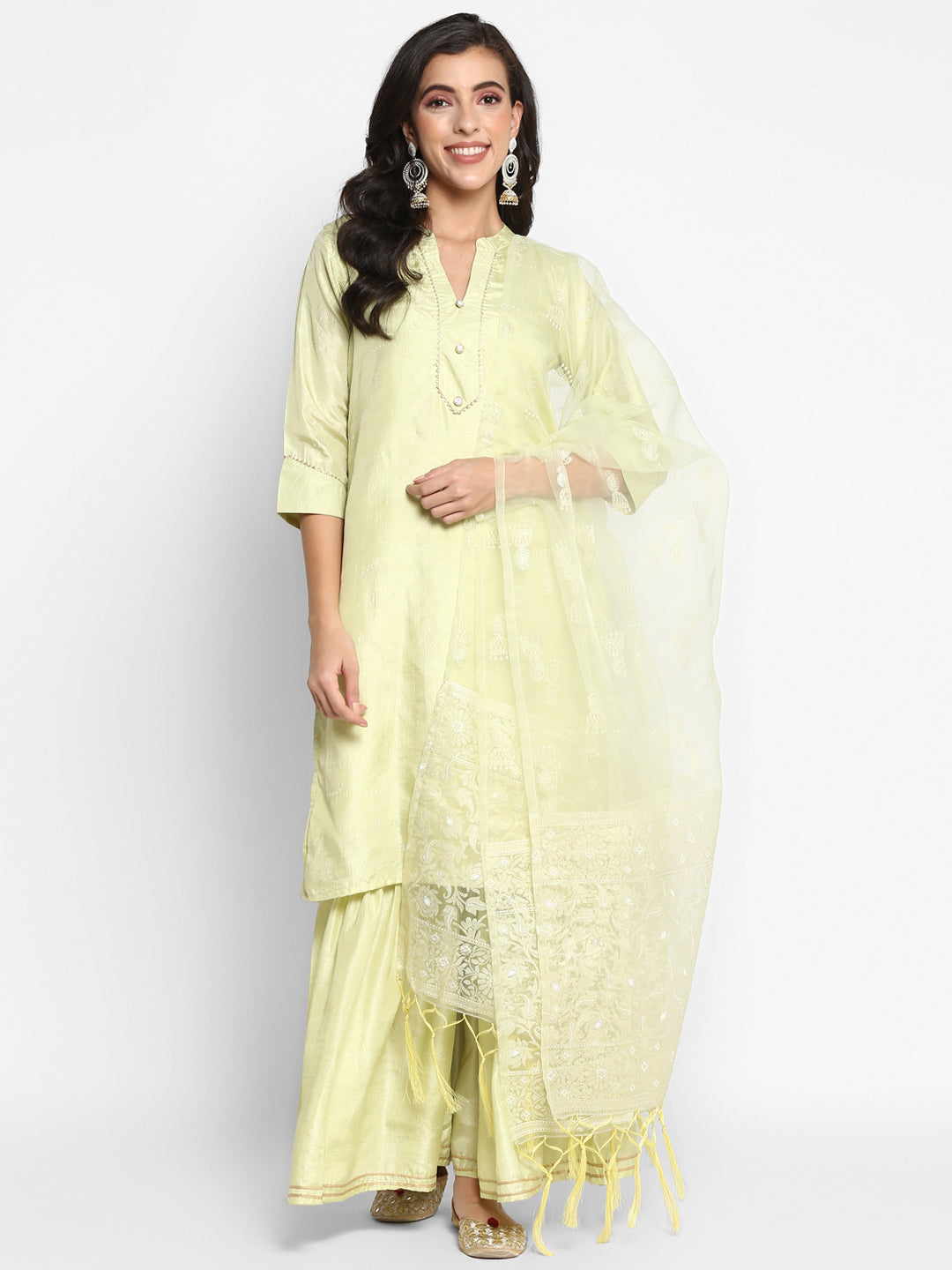 Women's Mint Dola Silk Straight Printed Kurta Sharara Set With Dupatta - Vaaba