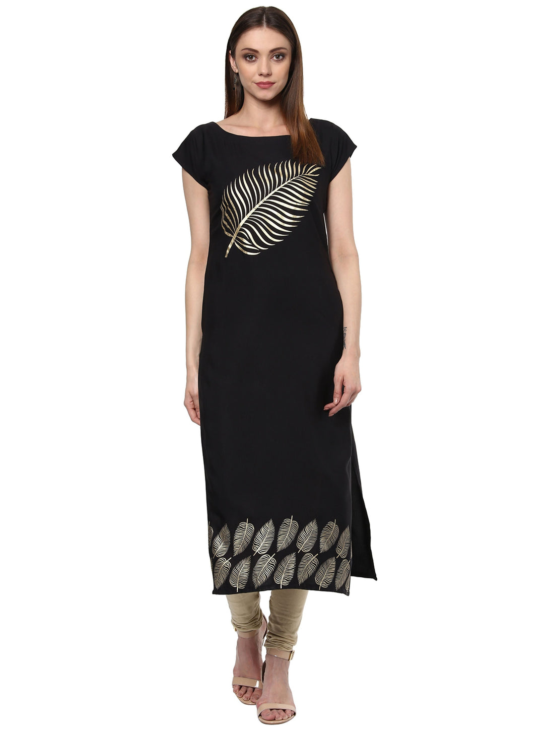 Women's Black Colour Foil Print Crepe Straight Kurta by Ziyaa