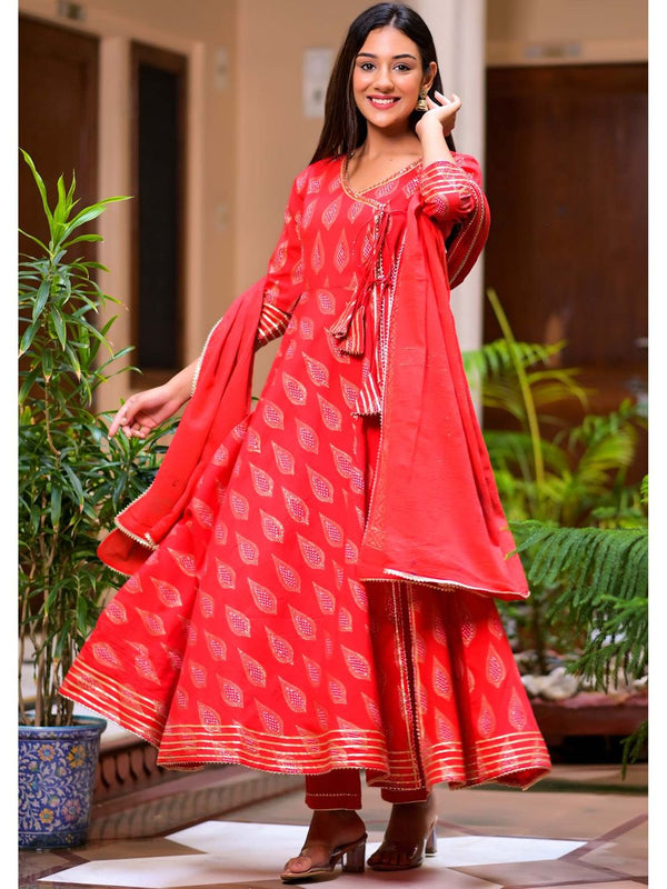 Women's Ravishing Red Block Print Angrakha Suit Set - Hatheli