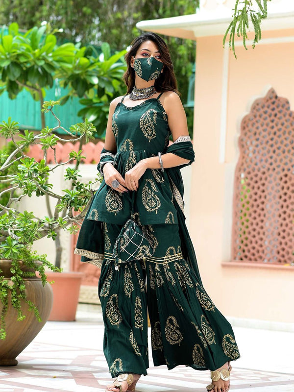 Women's Emerald Green Hand Block Sharara Suit Set - Hatheli