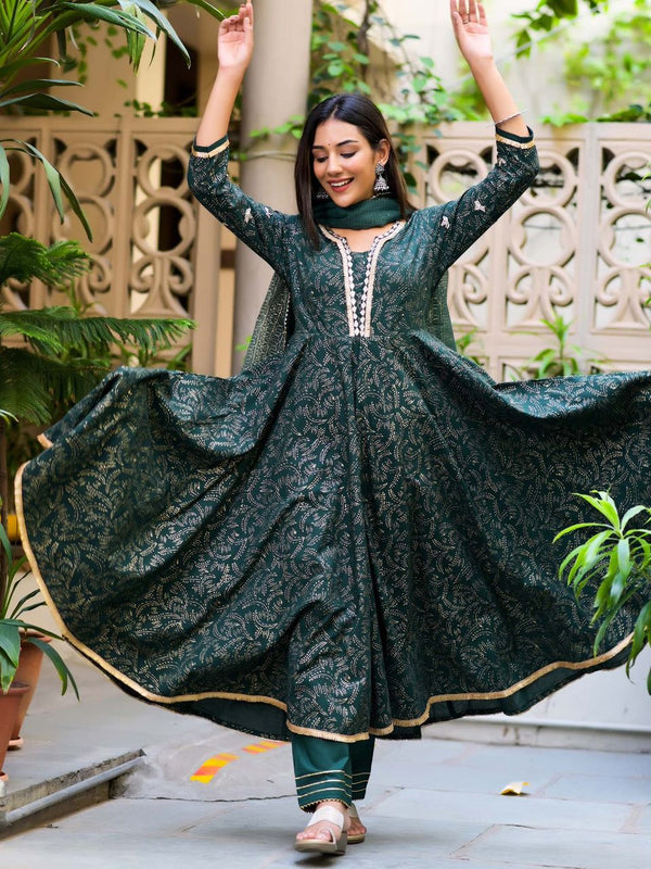 Women's Dark Green Block Print Anarkali Suit Set - Hatheli