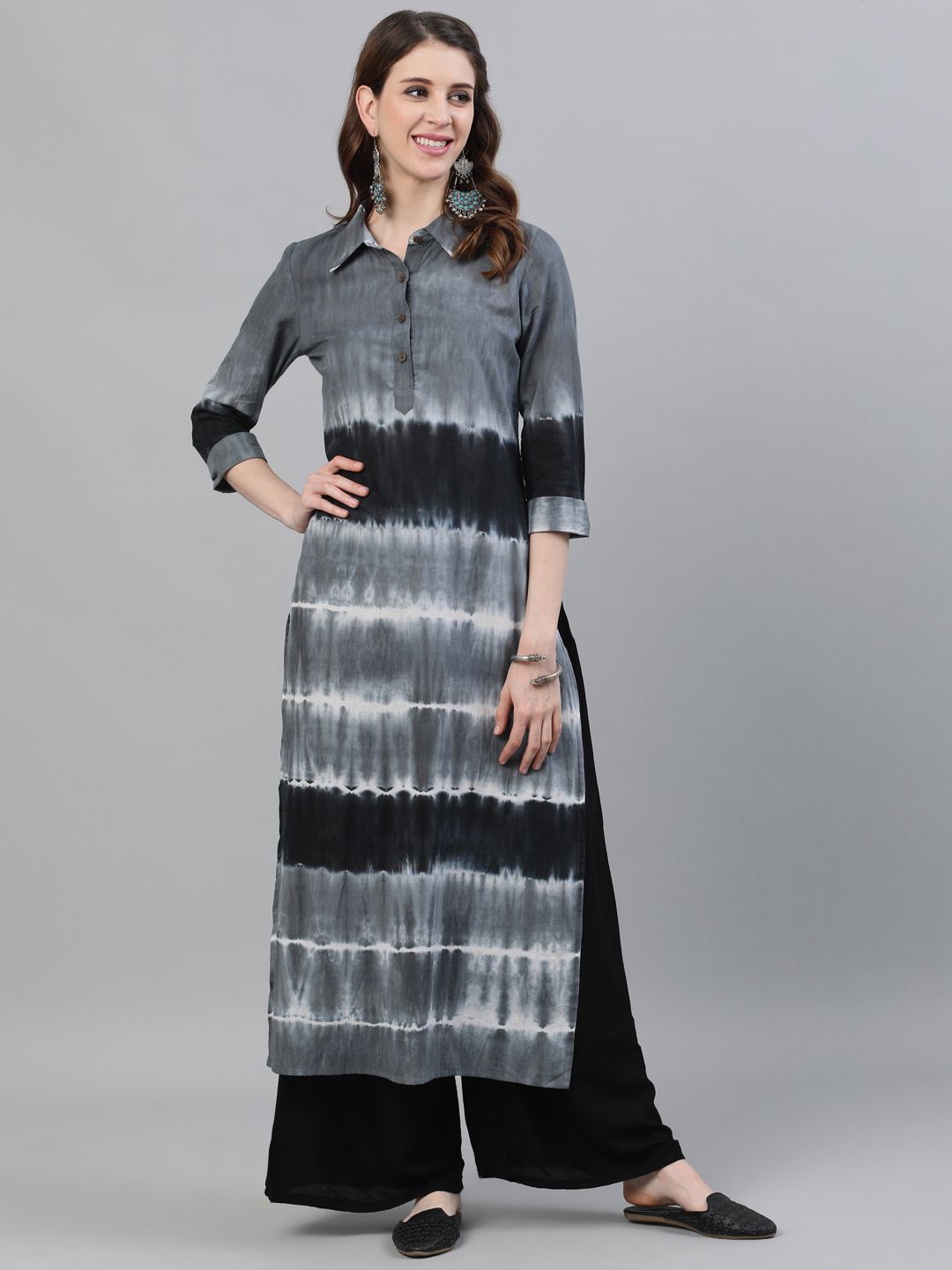 Women's Grey & Black Tie & Dye Printed Pathani Kurta - AKS