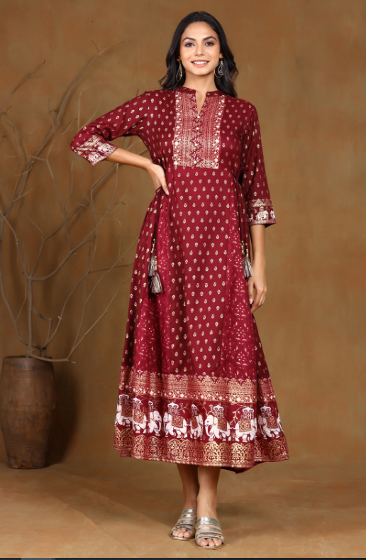 Women's Wine Rayon Printed Anarkali Dress - Juniper