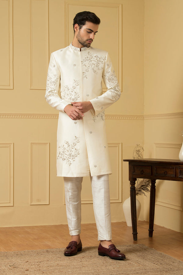 Men's Cream Embroidered And Zardozi Work Sherwani - Hilo Design