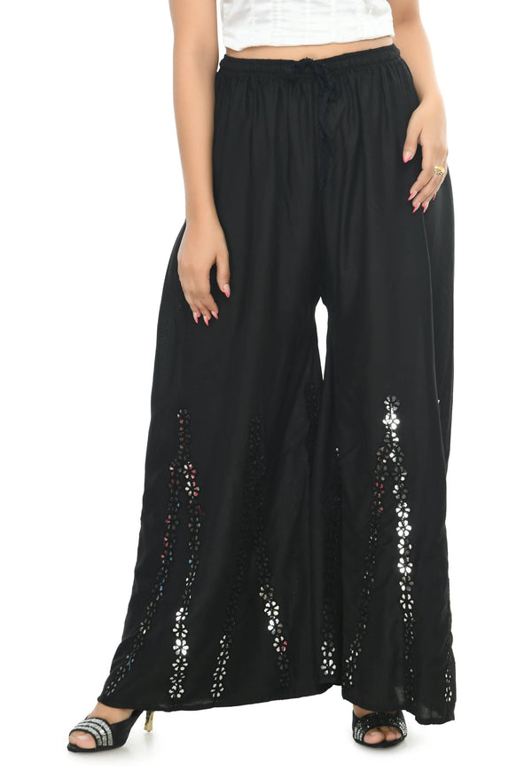 Women's Black Viscose Rayon Flared Palazzo With Mirror Work Mfp053 - Moeza