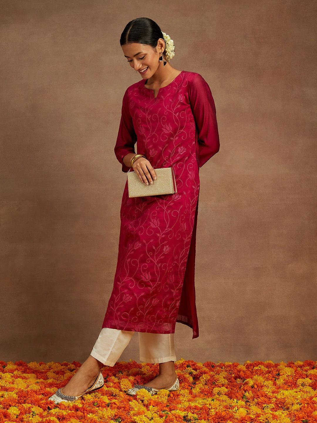 Hot Pink Embroidered Chanderi Silk Straight Kurta - Jashvi