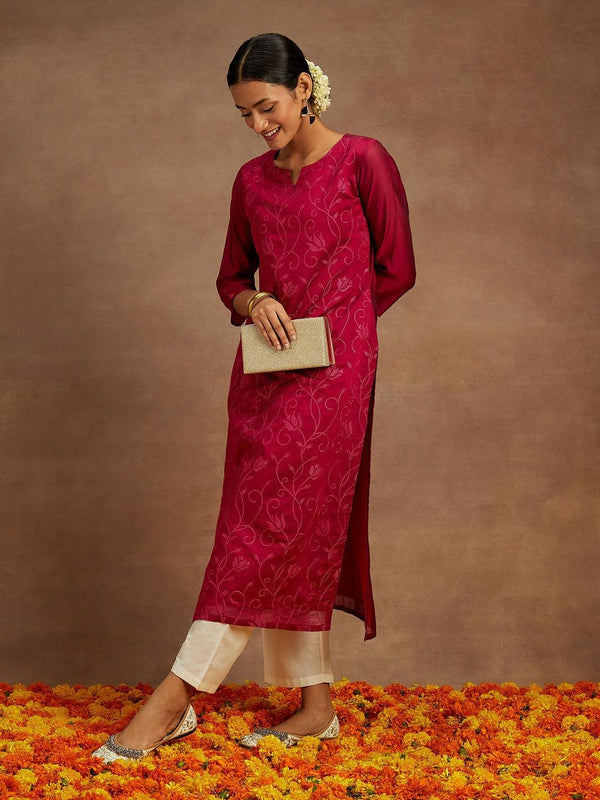 Hot Pink Embroidered Chanderi Silk Straight Kurta - Jashvi