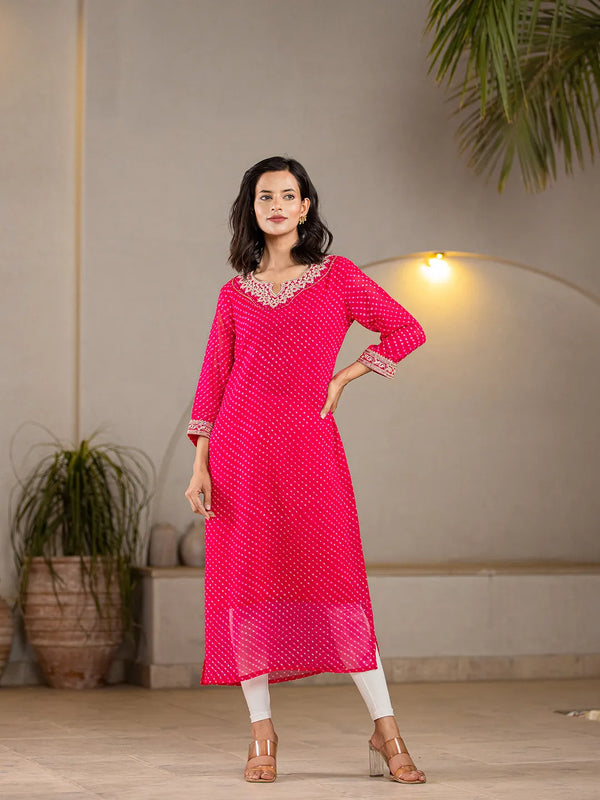 Hot Pink Georgette Lehriya Embroidery Kurta-Indiakreations-JS1772KURHPS